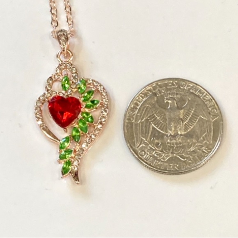 Ornate Diamond & Red Crystal Rose Gold Toned Heart Necklace - Picture 3 of 3